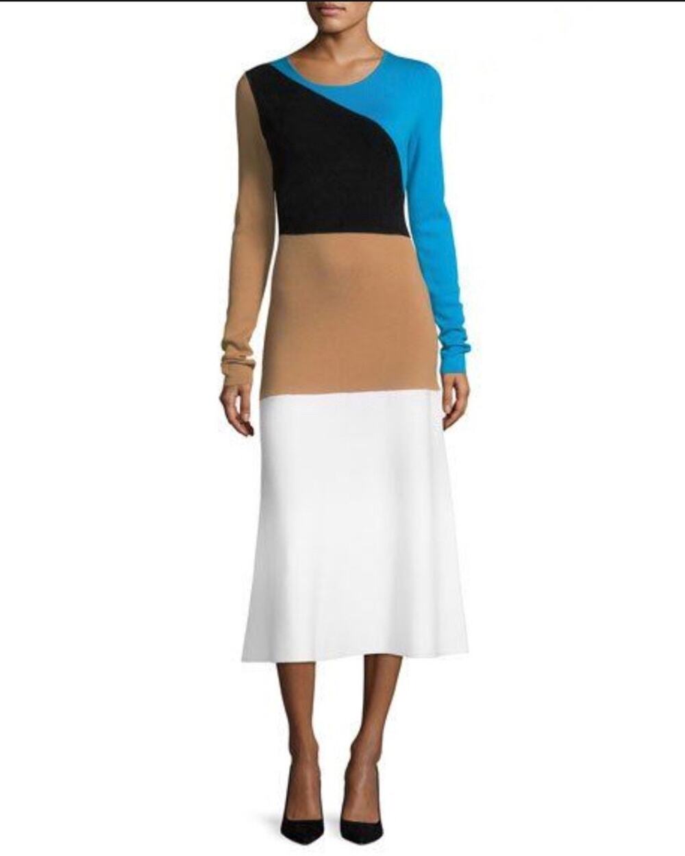 Diane von Furstenberg Long Sleeve Color Block Flare Knit Midi Dress